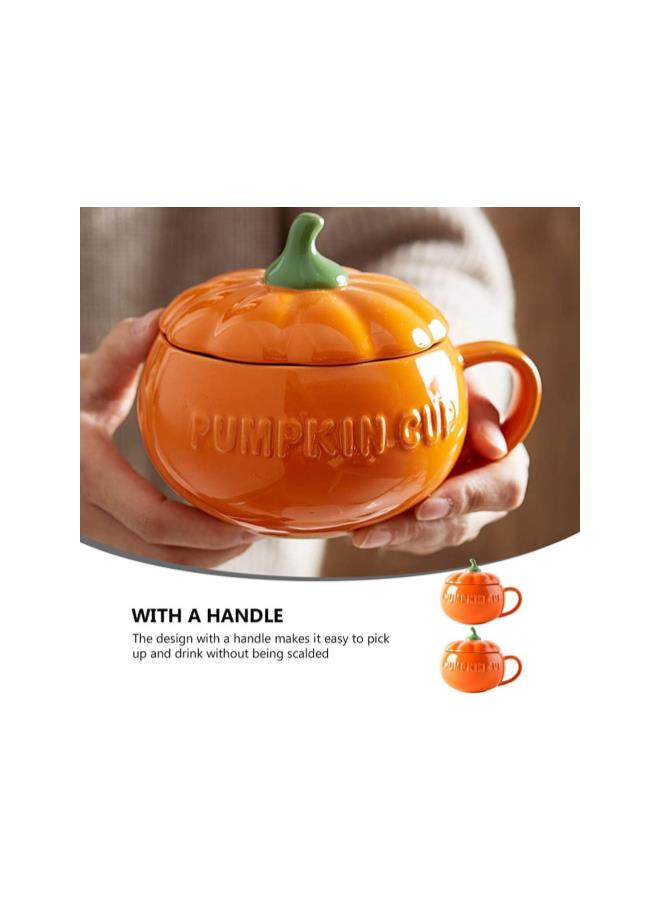 2Pcs  Pumpkin Cups Tableware Ceramic Pumpkin Cups Pumpkin Mug with Lid (Orange)  - Image 3
