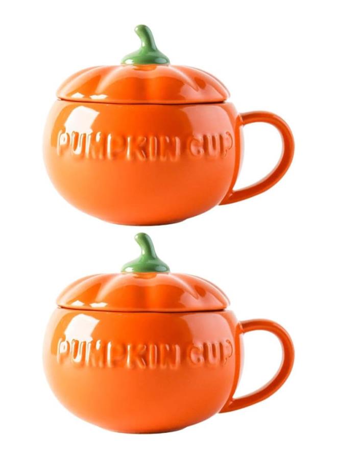 2Pcs  Pumpkin Cups Tableware Ceramic Pumpkin Cups Pumpkin Mug with Lid (Orange)  - Image 1