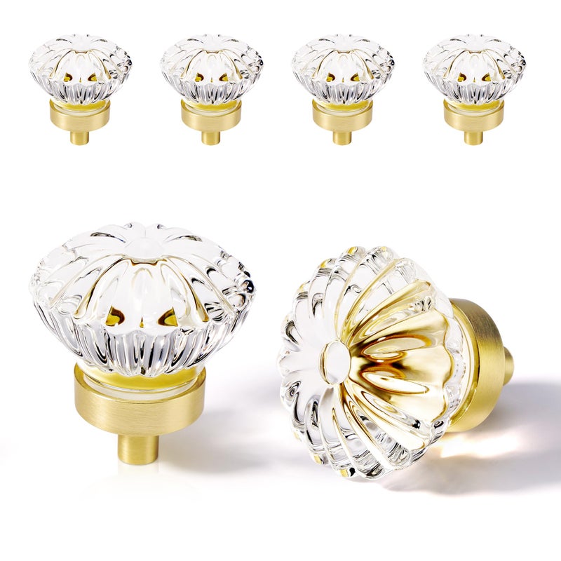 CEYMIO Brushed Gold Crystal Cabinet Knobs Cabinets Knob  4 Pack Flower Vintage Glass Clear Crystal Small Pull For Closet Dresser Drawers Cupboard Wardrobe  Solid Alloy Retro Pulls Old Fashioned Drawer Handle - Image 1