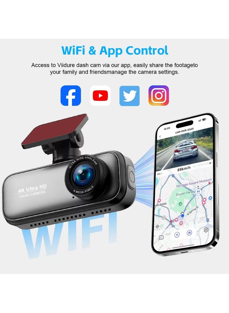 4K Dual Lens Car Camera Support 1080P Rear Camera, G-Sensor, Loop Recording, WiFi GPS 24-Hour Parking Monitoring, Night Vision, Free 64GB SD Card - Image 4