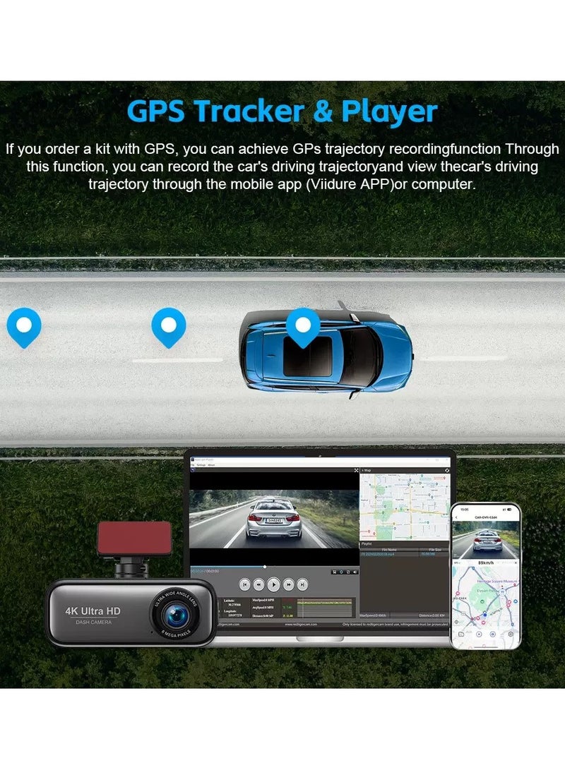 4K Dual Lens Car Camera Support 1080P Rear Camera, G-Sensor, Loop Recording, WiFi GPS 24-Hour Parking Monitoring, Night Vision, Free 64GB SD Card - Image 5