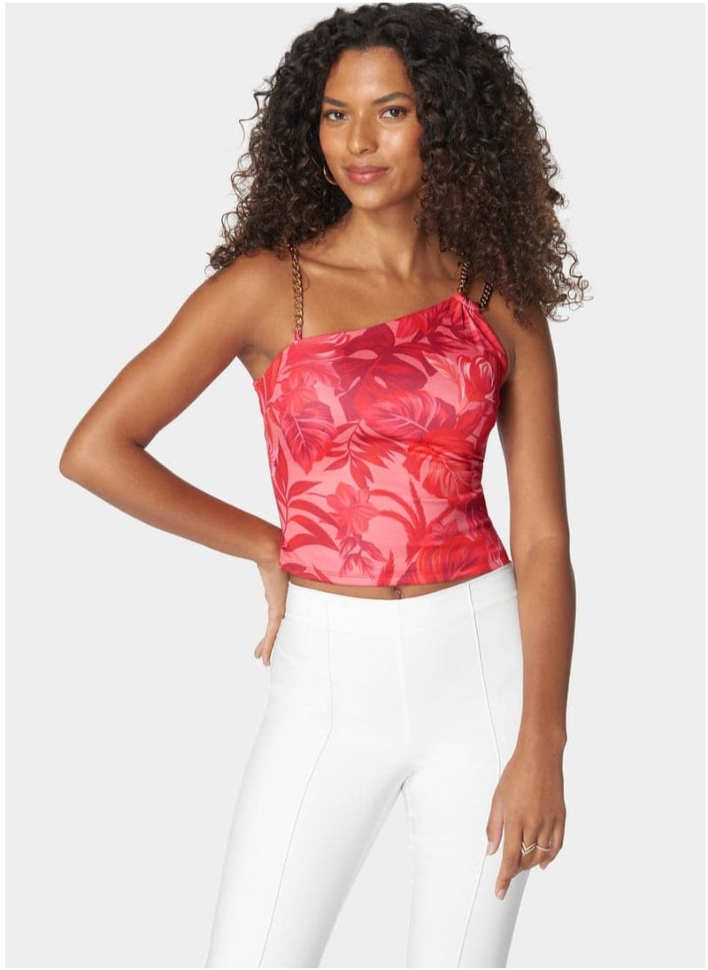 bebe PRINTED ASYMMETRIC CHAIN KNIT TOP 