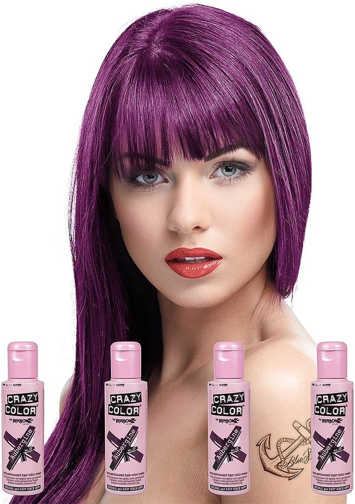 4 x Crazy Colour Semi Permanent Hair Dyes 100ml Aubergine by Crazy Colour