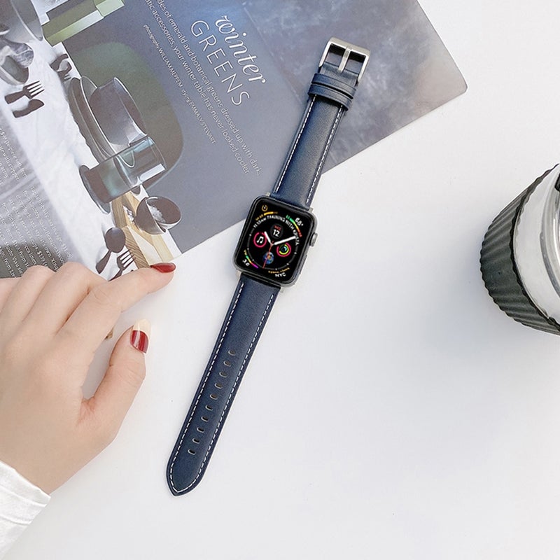 erorex Genuine Leather Watch Band For Apple Watch Series 9&8&7 41Mm / Se 3&Se 2&6&Se&5&4 40Mm / 3&2&1 38Mm(Blue) - Image 1