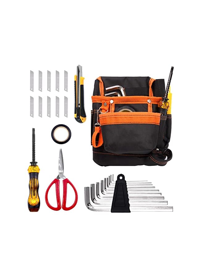 Swpeet 16Pcs Electrician Tool Pouch with Tools, Tool Pouch, Allen Wrenches Screwdriver Scissors, Utility Knife with Blades, Tool Belt Kit for Electrician Carpenter Construction Technician Gardening  - Image 1