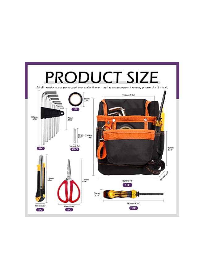 Swpeet 16Pcs Electrician Tool Pouch with Tools, Tool Pouch, Allen Wrenches Screwdriver Scissors, Utility Knife with Blades, Tool Belt Kit for Electrician Carpenter Construction Technician Gardening  - Image 2