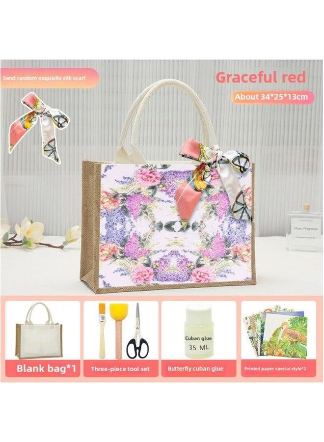 Thanksgiving Diy Handmade Butterfly Ancient Bart Canvas Tote Bag Sack Paste Group Building Parent-child Material Warm-up Field-Color:Butterfly Cuban Clay Purple Red Pack + Large Burlap Horizontal Style  - Image 1