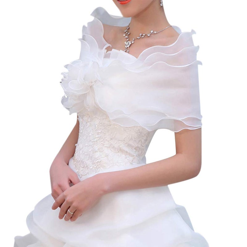 EINCORN White Elegant Flower Multi Layer Tulle Shawl Wedding Wrap Bridal Chiffon Short C - Image 1