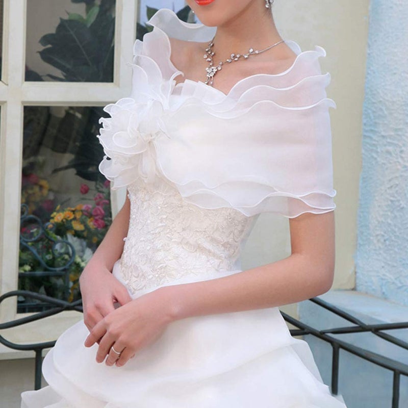 EINCORN White Elegant Flower Multi Layer Tulle Shawl Wedding Wrap Bridal Chiffon Short C - Image 2