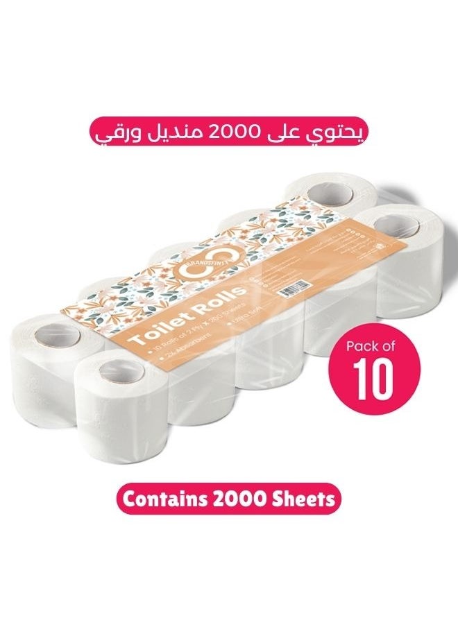 Toilet Paper 2 Ply, 10 Rolls x 200 Sheets, Longer Lasting Absorbent Toilet Roll, Premium Silky Feel Softness Bathroom Tissue, 2 Ply Tissue Thickness 