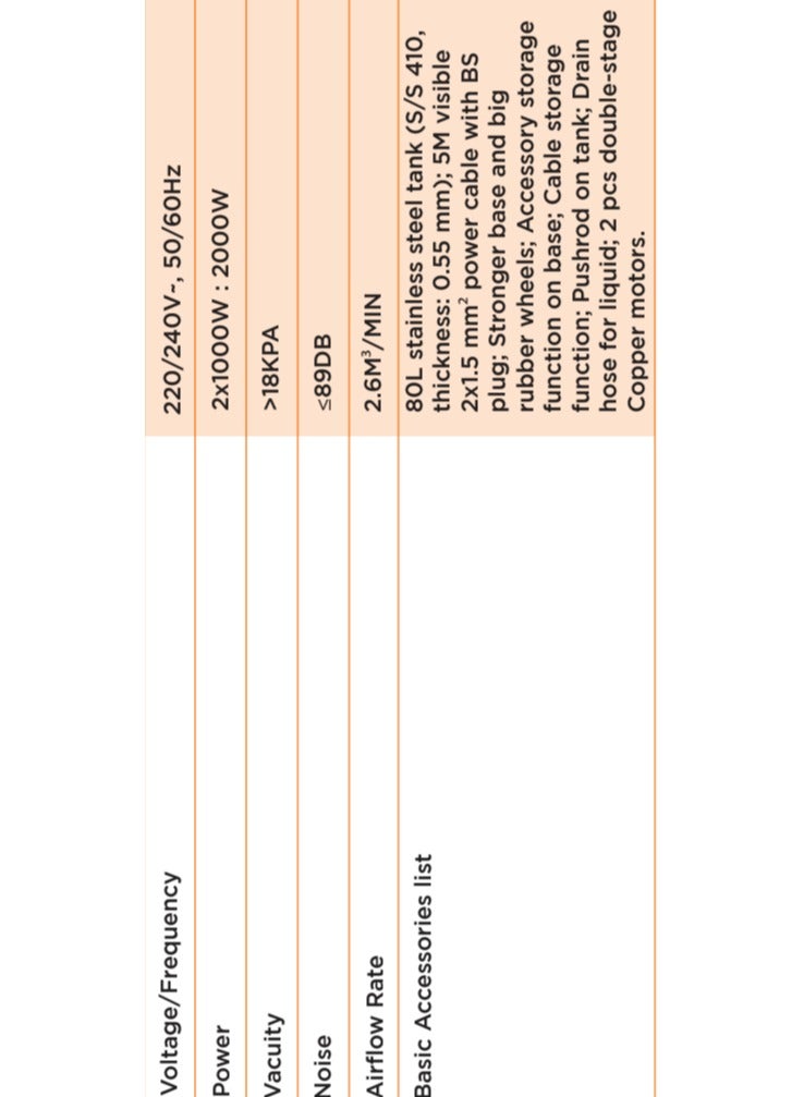 كلارك مكنسة كهربائية للتنظيف الجاف والرطب، سعة 80 لترًا، محرك مزدوج 2000 واط، 220-240 فولت، 50/60 هرتز، قوة شفط >18 كيلو باسكال، ضوضاء ≤89 ديسيبل، تدفق هواء 2.6 متر مكعب/دقيقة، منظف صناعي عالي التحمل للمنزل، المرآب، ورشة العمل - Image 3