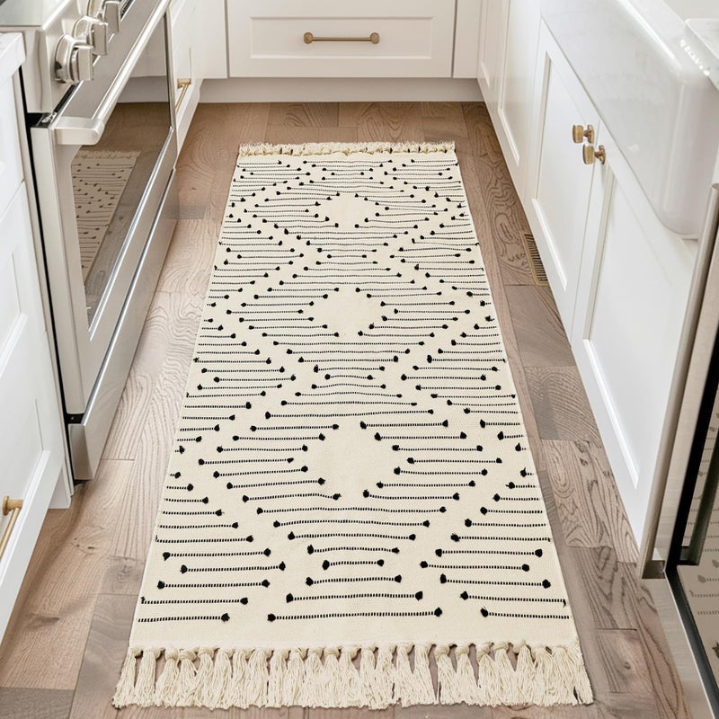 Tritard Boho Runner Rug 2x6 - Washable Hallway Rug with Tassel, Lightweight Woven Farmhouse Kitchen Runner Rugs Cotton Aztec Indoor Low Pile Thin Carpet for Entryway, Laundry, Bathroom, Beige Cream - Image 1
