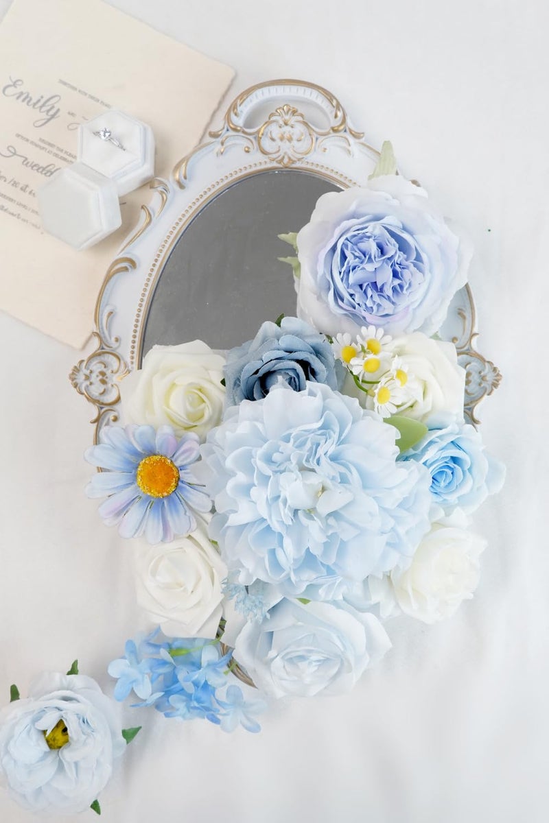 Piklado Artificial Flower Combination Box Set Artificial Flower Loose Leaves and Stems DIY Wedding Center Bouquet Bride Wedding Baby Shower(Fresh Light Blue) - Image 5
