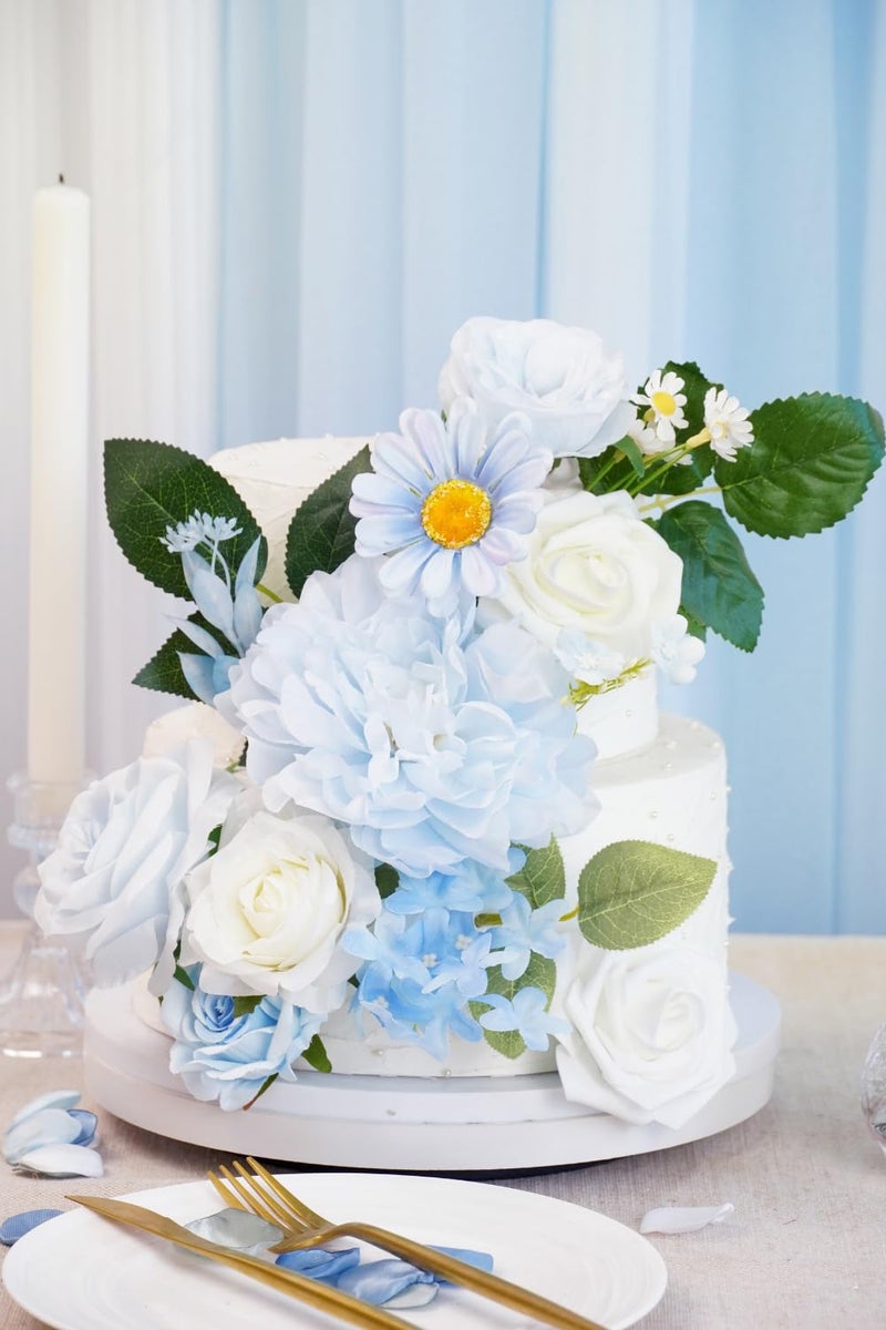 Piklado Artificial Flower Combination Box Set Artificial Flower Loose Leaves and Stems DIY Wedding Center Bouquet Bride Wedding Baby Shower(Fresh Light Blue) - Image 4