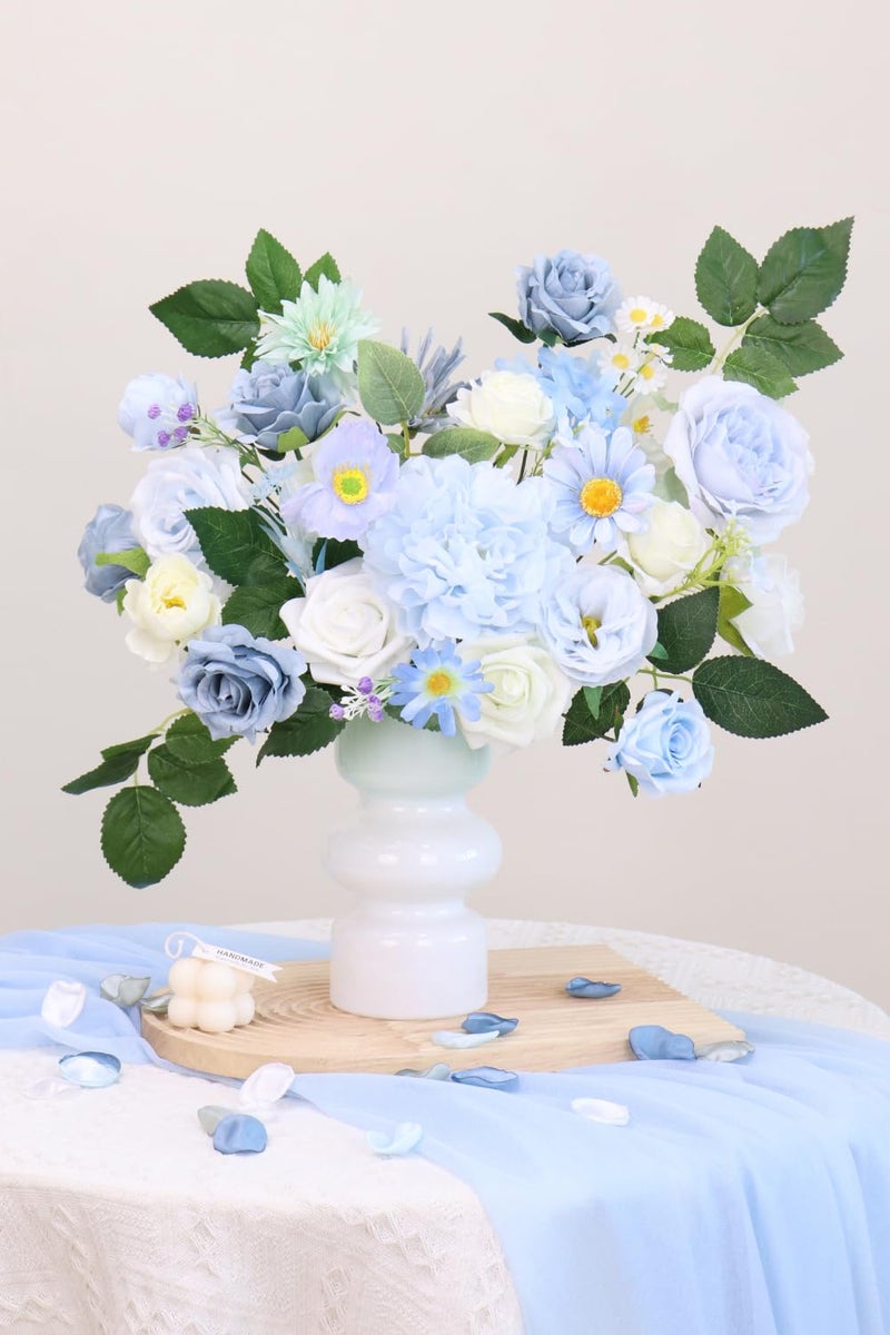 Piklado Artificial Flower Combination Box Set Artificial Flower Loose Leaves and Stems DIY Wedding Center Bouquet Bride Wedding Baby Shower(Fresh Light Blue) - Image 3