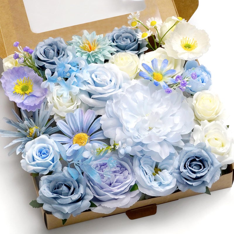 Piklado Artificial Flower Combination Box Set Artificial Flower Loose Leaves and Stems DIY Wedding Center Bouquet Bride Wedding Baby Shower(Fresh Light Blue) - Image 1