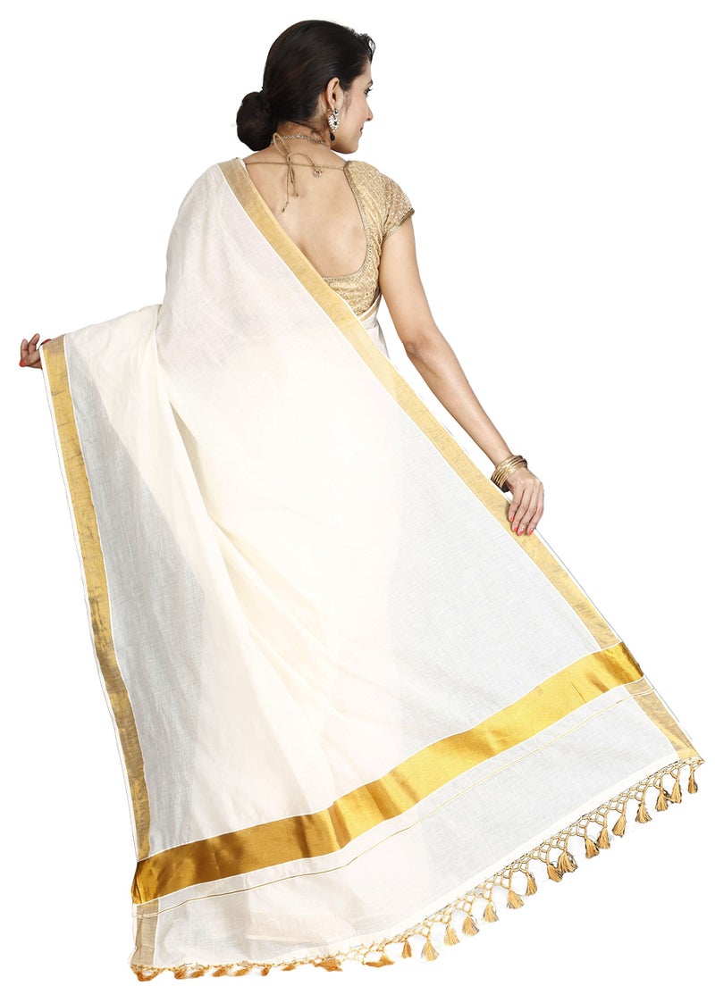 JISB Women Kerala Kasavu plain saree with fringes,Cream color - Image 2