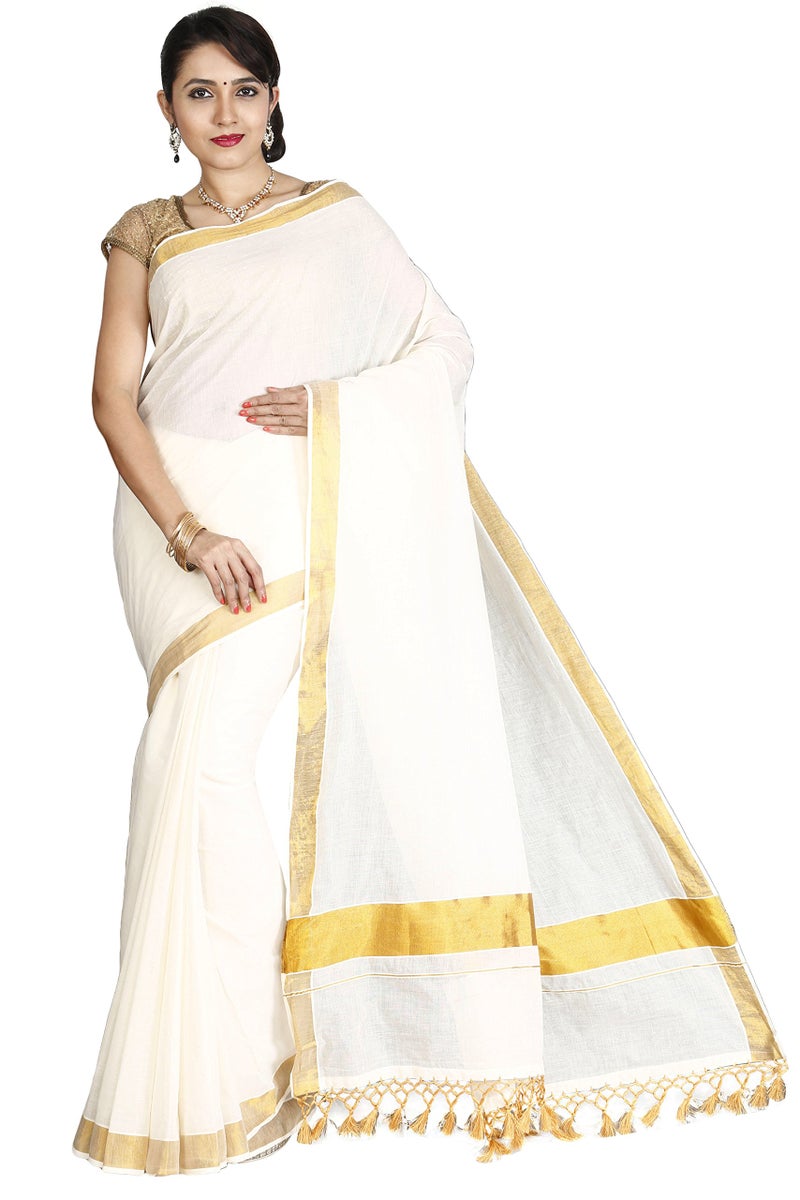 JISB Women Kerala Kasavu plain saree with fringes,Cream color - Image 1