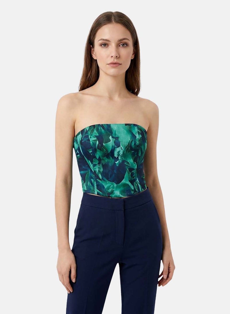 FOREVER 21 Strapless Fitted Bustier Crop Top with Tropical Print - Image 1