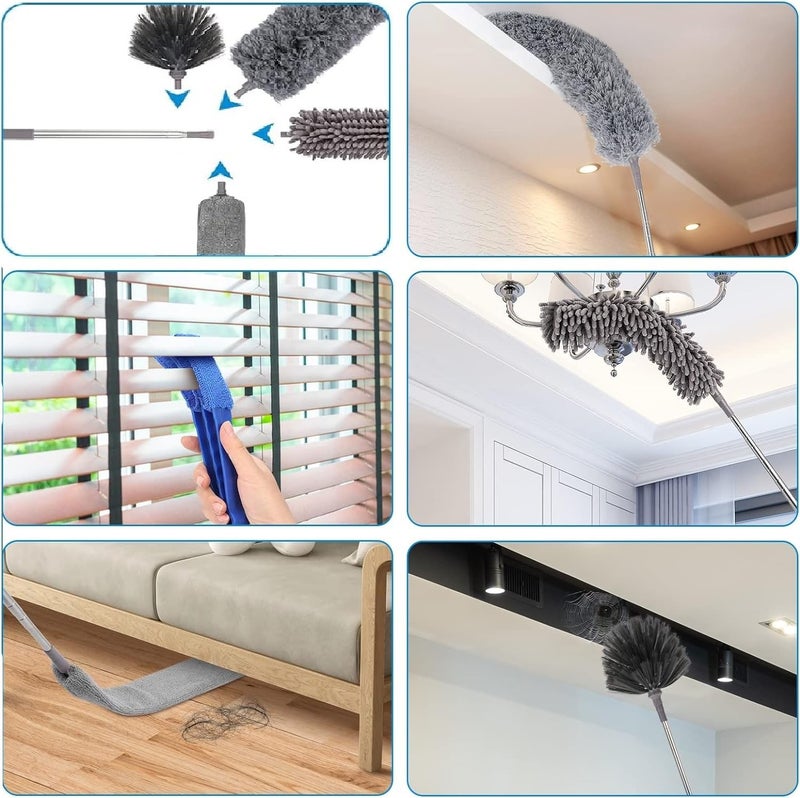 Hallstatt 6Pcs Multifunctional Microfiber High Ceiling Duster with Extension Pole 30-100 Inch with Bendable Head for Cleaning Cobweb Window Blinds Furniture Under Bed Sofa Brush - Replacement Combination Set - Image 2