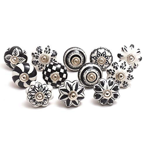 Eleet Designer Ceramic Cabinet Knobs - Pack of 12 Black & White Hand Painted Vintage Cabinet Cupboard Door & Drawer Pulls Chrome Hardware (12, Black &White) - Image 1