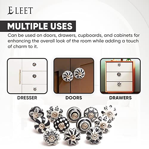 Eleet Designer Ceramic Cabinet Knobs - Pack of 12 Black & White Hand Painted Vintage Cabinet Cupboard Door & Drawer Pulls Chrome Hardware (12, Black &White) - Image 5