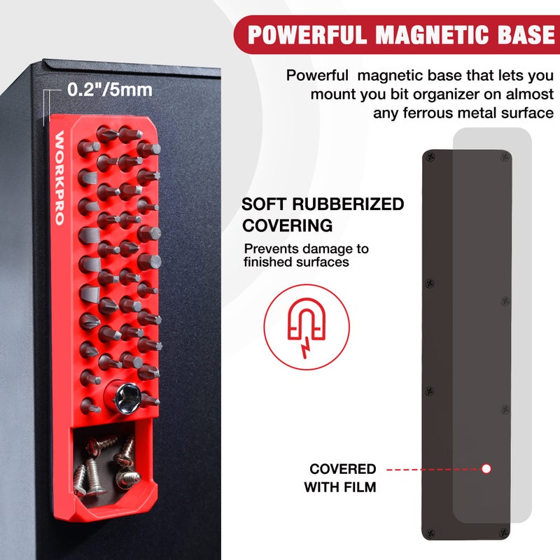 WORKPRO Magnetic Hex Bit Organizer, 39 Hole Screwdriver Drill Bit Holder Tray with Strong Magnetic Base, Accessories Storage Grid, for 1/4 Inch Hex Bit & Drive Bit Adapter, Red (Bits Not Included) - Image 4