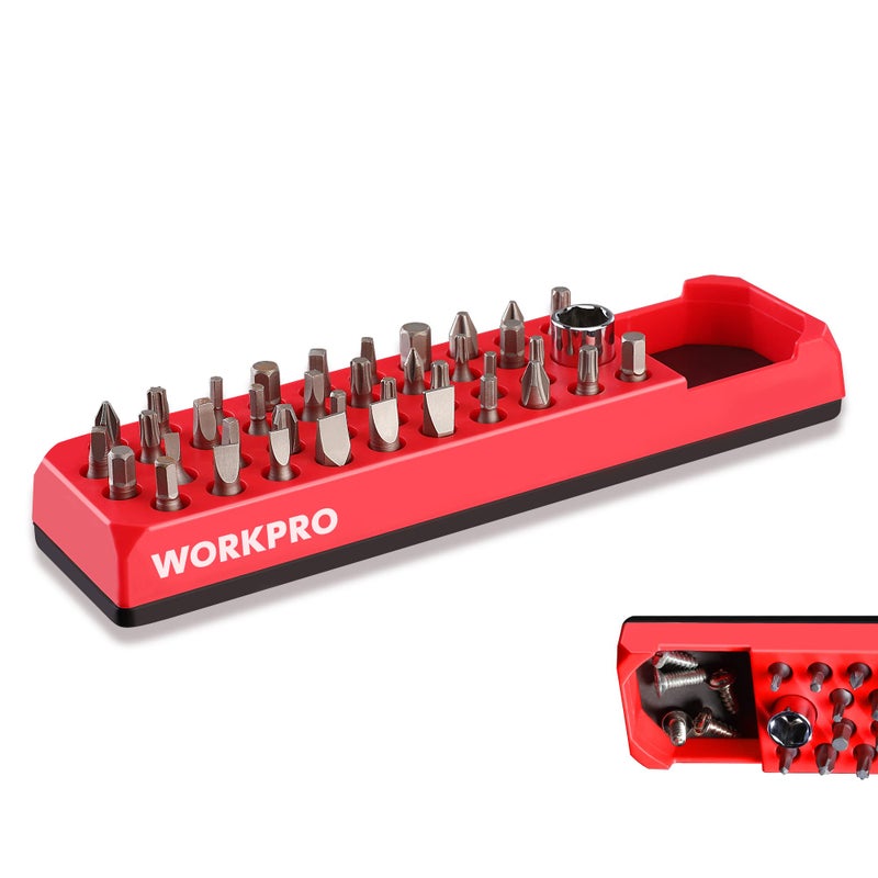 WORKPRO Magnetic Hex Bit Organizer, 39 Hole Screwdriver Drill Bit Holder Tray with Strong Magnetic Base, Accessories Storage Grid, for 1/4 Inch Hex Bit & Drive Bit Adapter, Red (Bits Not Included) - Image 1