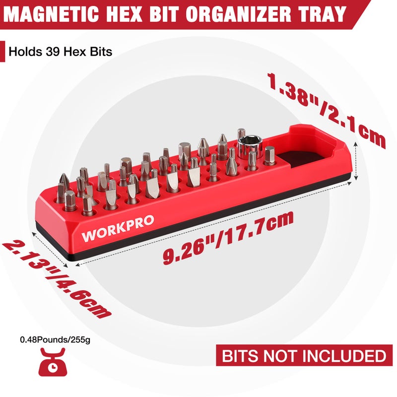 WORKPRO Magnetic Hex Bit Organizer, 39 Hole Screwdriver Drill Bit Holder Tray with Strong Magnetic Base, Accessories Storage Grid, for 1/4 Inch Hex Bit & Drive Bit Adapter, Red (Bits Not Included) - Image 2