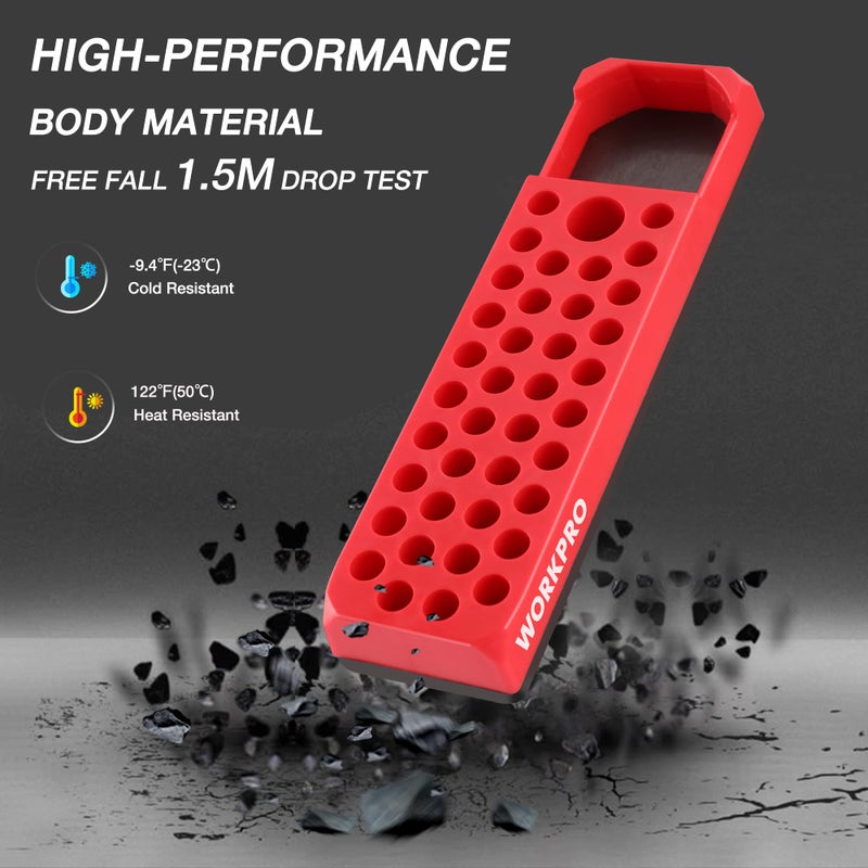 WORKPRO Magnetic Hex Bit Organizer, 39 Hole Screwdriver Drill Bit Holder Tray with Strong Magnetic Base, Accessories Storage Grid, for 1/4 Inch Hex Bit & Drive Bit Adapter, Red (Bits Not Included) - Image 5