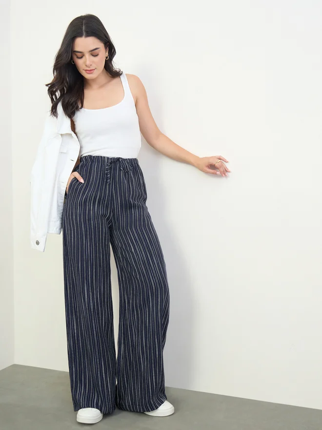 Styli Navy Striped Wide Leg Pants with Drawstring