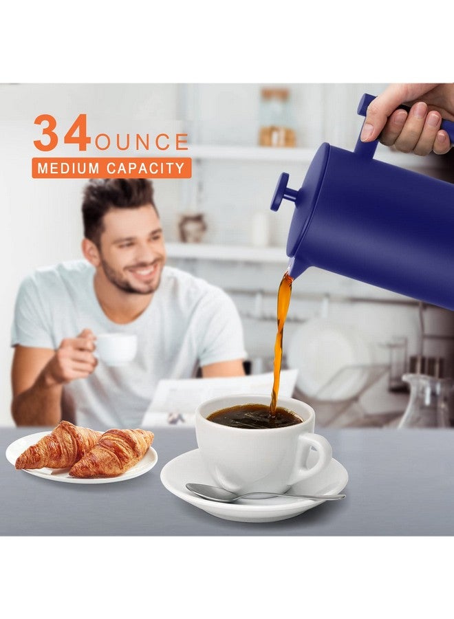 Secura صانعة القهوة الفرنسية سيكورا، مصنوعة من الفولاذ المقاوم للصدأ 304 مزدوج الجدار مع 2 شاشة إضافية، 34 أونصة (1 لتر)، أزرق - Image 2