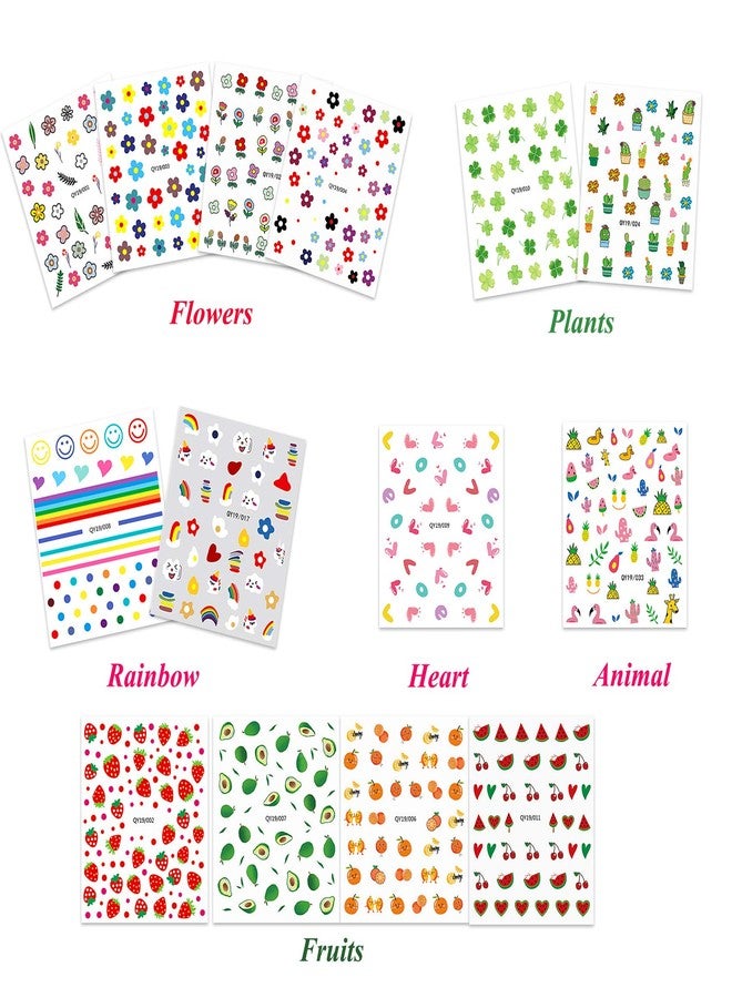 IHUKEIT 14 Sheets Nail Stickers for Women and Little Girls Nail Art Decoration - 3D Self-Adhesive DIY Nail Decals Set Including Hearts Fruits Flowers Animals Rainbow Nail Art Stickers for Woman Kids Girls - Image 2