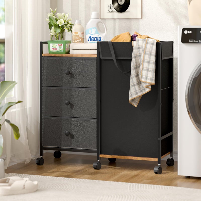 DAOUTIME Laundry Hamper with Wheels, Laundry Sorter with Shelf and 3 Drawers, Total Capacity 123L/32.5 Gal (3 Drawers+Bags), Laundry Cabinet with Fabric Detachable Bags, Clothes Hampers for Bedroom Bathroom - Image 1