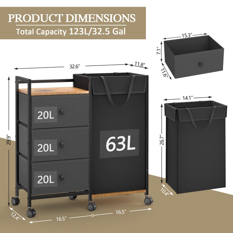 DAOUTIME Laundry Hamper with Wheels, Laundry Sorter with Shelf and 3 Drawers, Total Capacity 123L/32.5 Gal (3 Drawers+Bags), Laundry Cabinet with Fabric Detachable Bags, Clothes Hampers for Bedroom Bathroom - Image 2