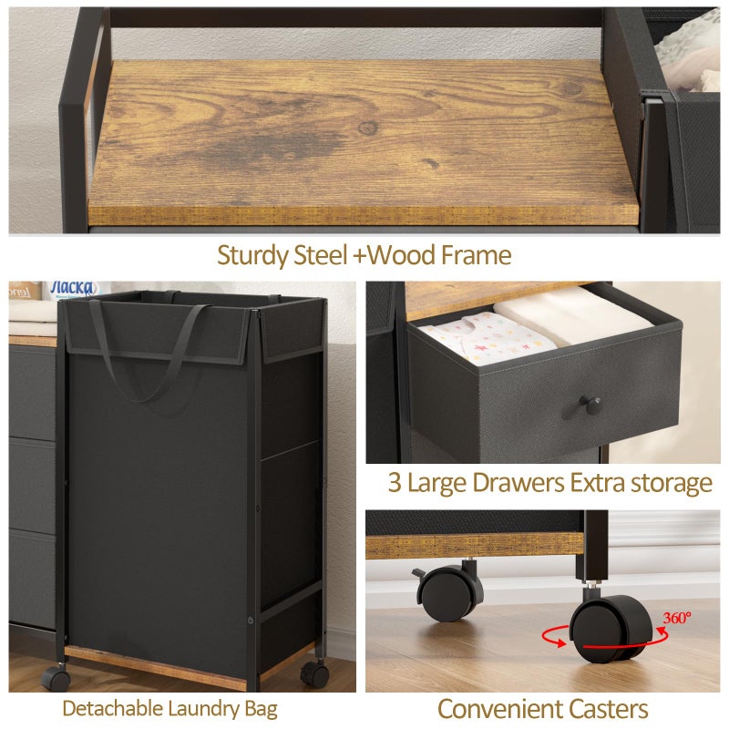 DAOUTIME Laundry Hamper with Wheels, Laundry Sorter with Shelf and 3 Drawers, Total Capacity 123L/32.5 Gal (3 Drawers+Bags), Laundry Cabinet with Fabric Detachable Bags, Clothes Hampers for Bedroom Bathroom - Image 5