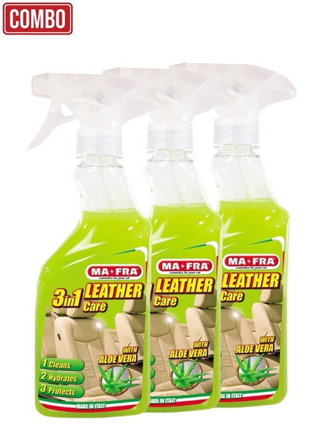 مافرا مجموعة ما-فرا للعناية بالجلد 3 في 1، منظف ومرطب مع خلاصة الصبار - 500 مل (عبوة من 3 قطع)، مجموعة العناية الاحترافية بالسيارات الإيطالية | ينظف ويرطب ويحمي مقاعد وأجزاء داخلية السيارات الجلدية الأصلية والصناعية - مجموعة قيمة من 3 قطع - Image 1