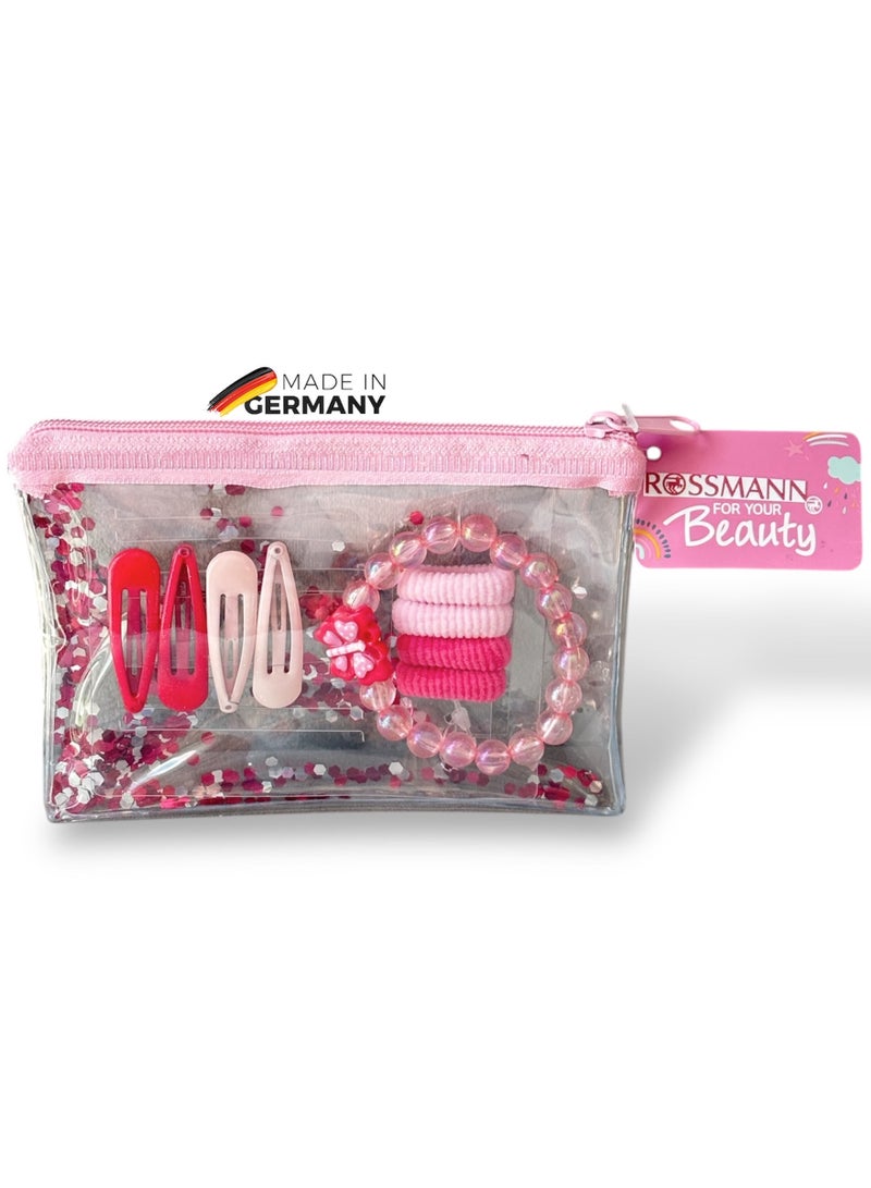 ROSSMANN German Brand, Sparkling Hair Jewelry Glitter Set Pink – 9 Pieces with Storage Bag, Hair Tie Set, as a gift for occasion, 9-Piece Girl Exquisite Headdress. - Image 1