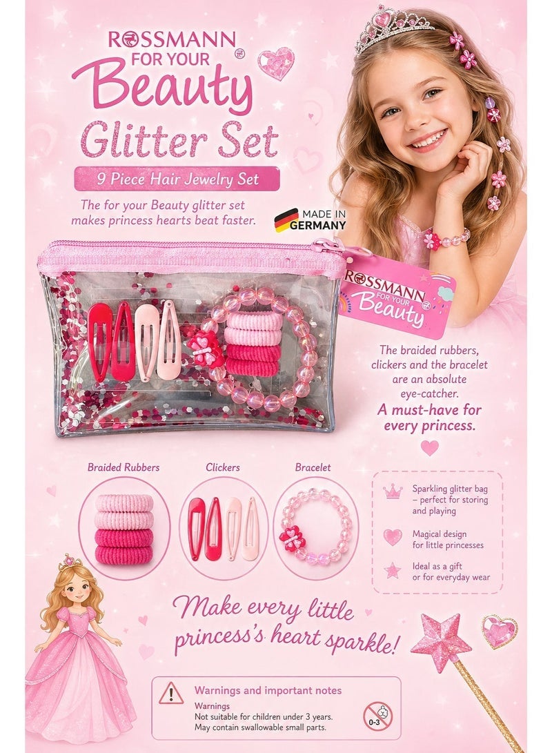 ROSSMANN German Brand, Sparkling Hair Jewelry Glitter Set Pink – 9 Pieces with Storage Bag, Hair Tie Set, as a gift for occasion, 9-Piece Girl Exquisite Headdress. - Image 1