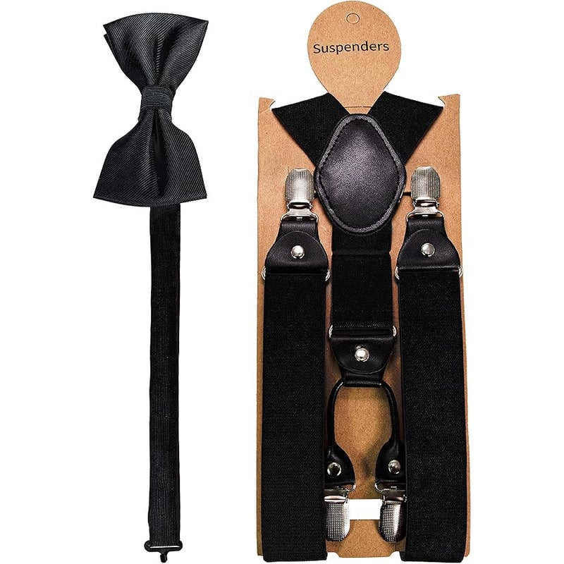 JEMYGINS Solid Color Suspender and Silk Bow Tie Sets for Men, Black, general - Image 3