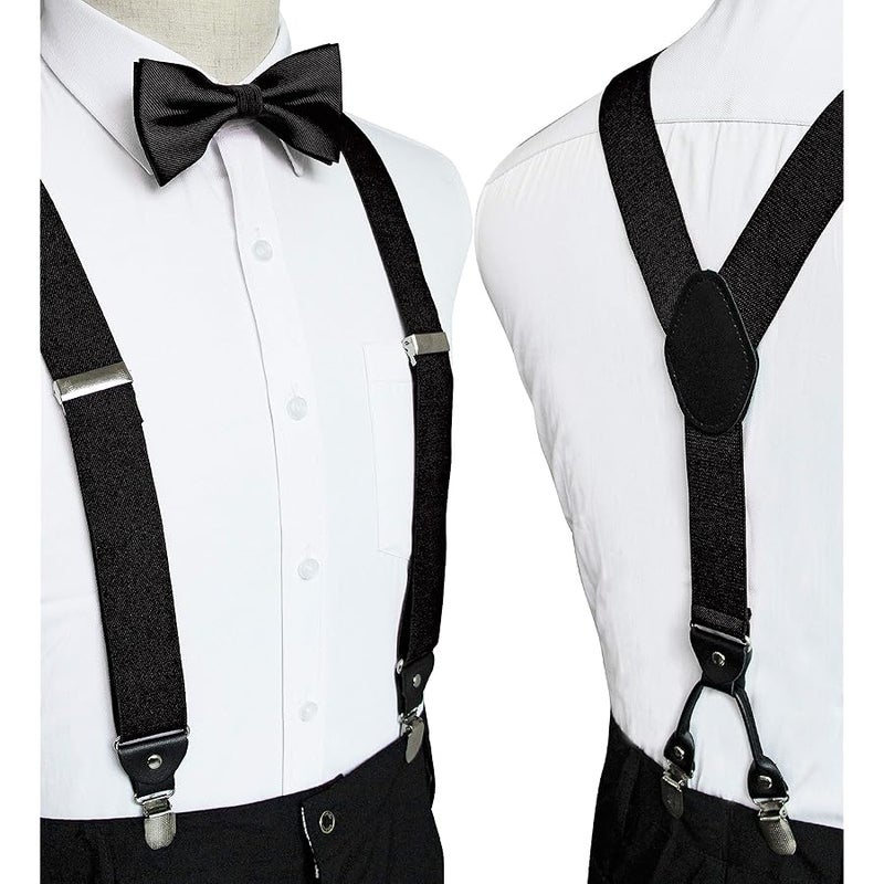 JEMYGINS Solid Color Suspender and Silk Bow Tie Sets for Men, Black, general - Image 2