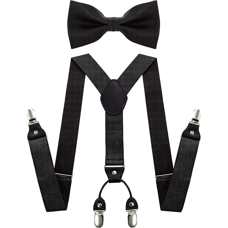 JEMYGINS Solid Color Suspender and Silk Bow Tie Sets for Men, Black, general - Image 1