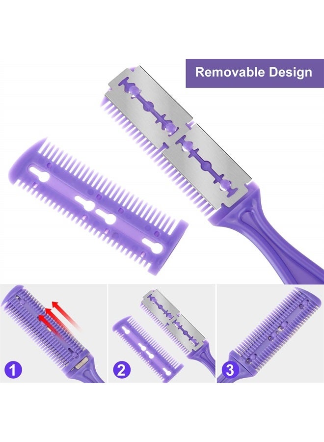 Maitys 3 Pieces Razor Comb with 10 Pieces Razors, Hair Cutter Comb Cutting Scissors, Double Edge Razor, Hair Thinning Comb Slim Haircuts Cutting Tool (Green, Purple, Pink) - Image 5