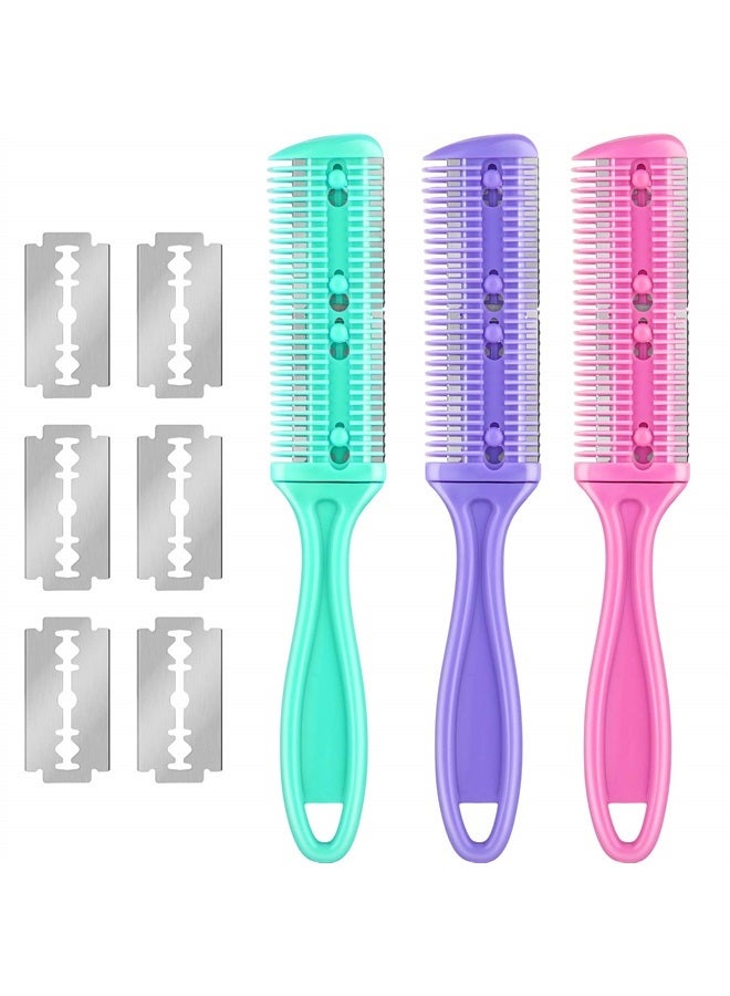 Maitys 3 Pieces Razor Comb with 10 Pieces Razors, Hair Cutter Comb Cutting Scissors, Double Edge Razor, Hair Thinning Comb Slim Haircuts Cutting Tool (Green, Purple, Pink) - Image 1
