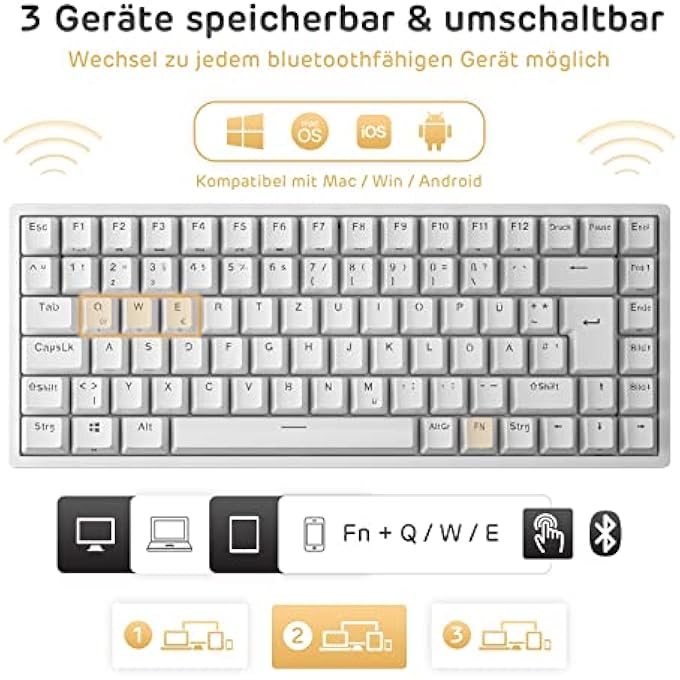 rayihni RK84-DE 75% GAMING KEYBOARD, 85 KEYS COMPACT TKL KEYBOARD, BLUETOOTH MECHANICAL KEYBOARD, RED SWITCH, RGB BACKLIGHT, 2.4 GHZ GAMING KEYBOARD FOR MAC & WIN, QWERTZ - Image 3