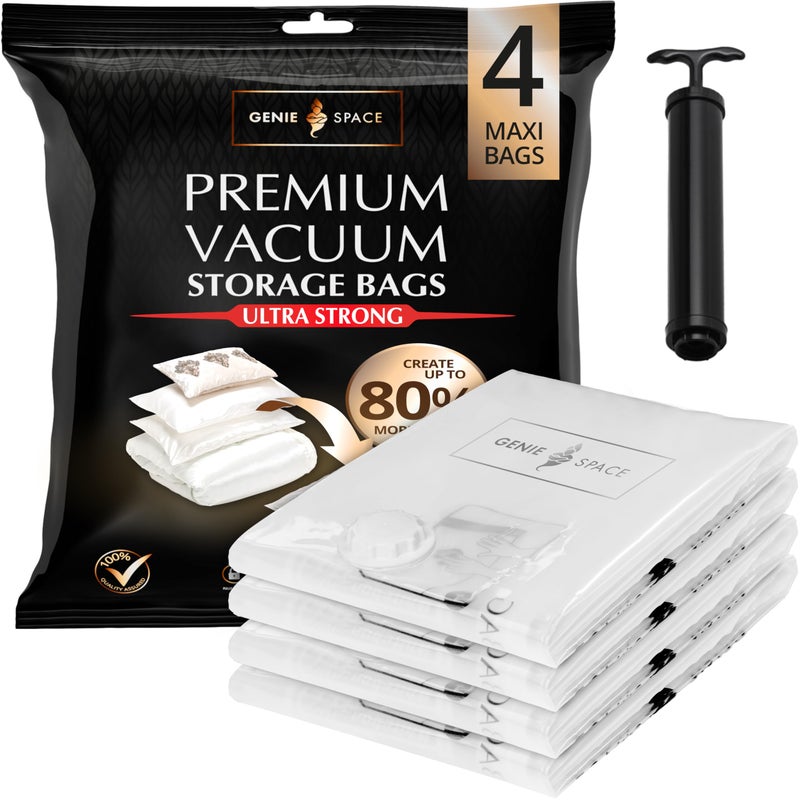 GENIE SPACE XXL Vacuum Storage Bags for Clothes Bedding and Wardrobes  43x35 in Airtight Reusable and OdorProof Space Saver Bags with Double Zipper Seal 4Pack with Hand Pump
