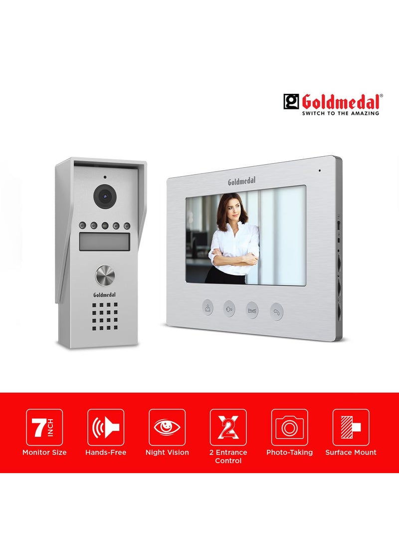 GOLD MEDAL - Goldmedal iSecure 07 Analog Door Phone Kit High Resolution LCD 7 inch Screen Indoor Monitor with Touch Buttons Voice Control Option Option to Unlock Electric Gate Lock Pack of 1 Silver - Image 1