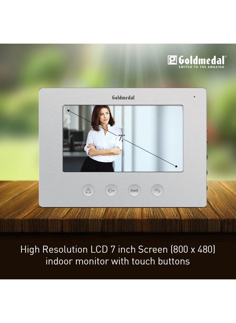 GOLD MEDAL - Goldmedal iSecure 07 Analog Door Phone Kit High Resolution LCD 7 inch Screen Indoor Monitor with Touch Buttons Voice Control Option Option to Unlock Electric Gate Lock Pack of 1 Silver - Image 1