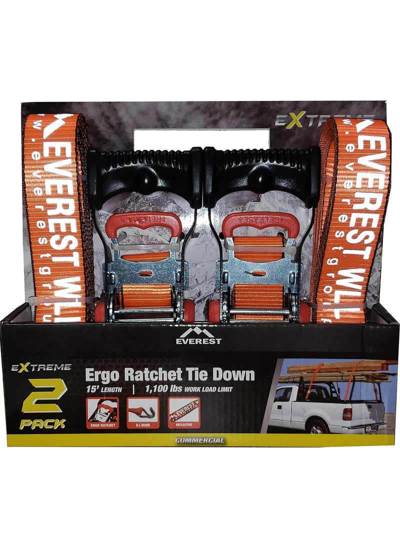 Everest Premium Ergonomic Ratchet Tie Down  2 PK  15 IN  15 FT  1100 LBS Working Load  3300 LBS Break Strength  Cambuckle Alternative  Cargo Straps Perfect for Moving Appliances Lawn Equipment and Motorcycles  - Image 1