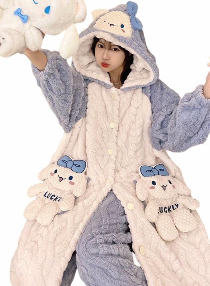 KUYING Velvet and Thickened Nightgown Cute Cartoon Home Fur Set